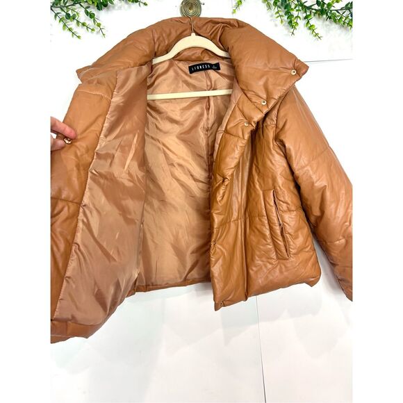 Lioness Small Talk Puffer Jacket Tan Brown Faux Vegan Leather Snap Coat Small - Picture 11 of 16